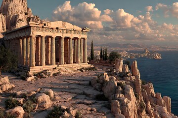 Obraz premium Greek Parthenon temple remains on rocky coast high resolution picture