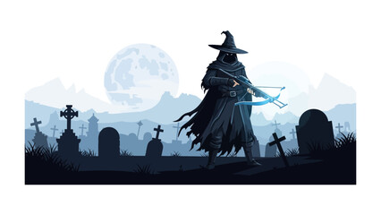 Graveyard Hunter: A mysterious figure with a weapon in a desolate graveyard under the cold gaze of the moon, an evocative illustration perfect for Halloween themes.