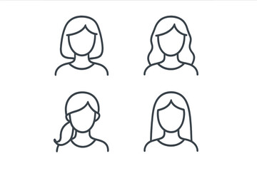 Set of faceless woman avatar icons. Female user profile symbols for web and apps. Minimalist line art vector illustration of people heads with different hairstyles.