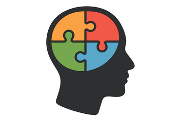 Psychology and mental health concept. Head silhouette with colorful jigsaw puzzle pieces. Symbol for autism, dementia, problem solving, logical thinking, and memory loss.