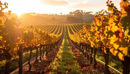 Fototapeta premium Vineyard Rows at Sunset with Golden Light and Autumn Foliage in Rural Landscape