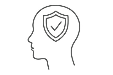 Mental health protection, psychological safety concept. Head with shield, secure mind symbol. Positive thinking, emotional wellbeing, resilience and self-care thin line icon.