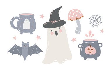 Set of cute childrens Halloween clip art. Ghost and holiday attributes. Bat, witchs cauldron, spider web. Hand drawn vector illustrations in cartoon style. Vector flat illustration in pastel pink and