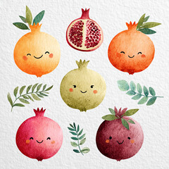 Charming Watercolor Pomegranates with Smiling Faces and Green Leaves