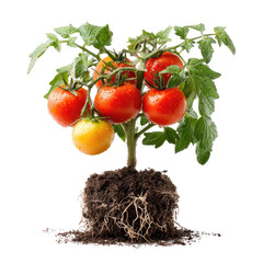 Tomato plant with ripe fruit, roots in soil