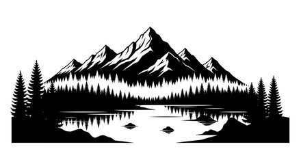 Fototapeta premium Black silhouette of mountains and pine trees reflected in lake 