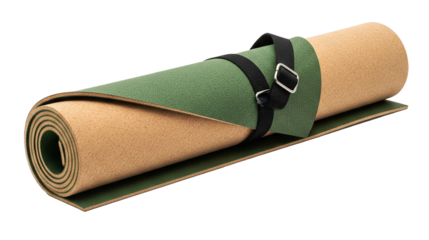 Rolled camping mat with carrying strap, isolated on transparent background