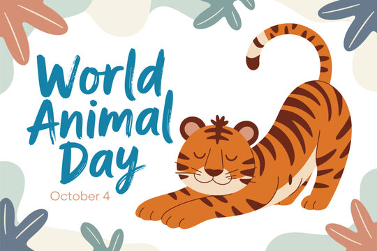 Cute tiger stretching on World Animal Day, celebrating wildlife and nature's beauty - Powered by Adobe