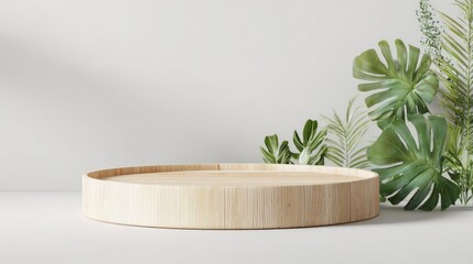 Minimalist Wooden Product Display Podium with Tropical Greenery for Cosmetic or Skincare Product Showcase
