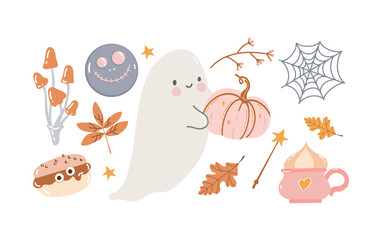 Set of cute childrens clipart on the theme of autumn and Halloween. Cute Ghost with a pumpkin and autumn attributes. Autumn leaves, mushrooms, Halloween sweets. Hand drawn vector illustrations in