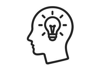 Minimalistic light bulb icon inside human head silhouette, creative idea concept, innovation symbol, brainstorming and thinking, vector cartoon illustration with transparent background