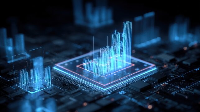Circuit Board Visualization: Futuristic Technology Interface with Digital Cityscape and Abstract Data Processing on Electronic Components