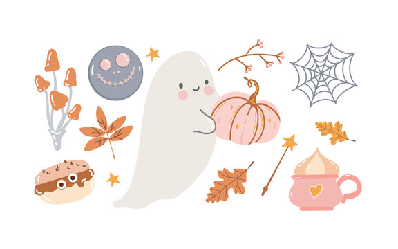Set of cute childrens clipart on the theme of autumn and Halloween. Cute Ghost with a pumpkin and autumn attributes. Autumn leaves, mushrooms, Halloween sweets. Hand drawn vector illustrations in