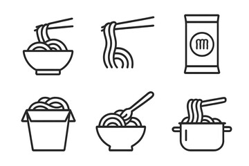 Minimalistic noodle line icon set with bowl, chopsticks, takeout box, fork, and pot. Linear vector pictogram for web design, apps, banners, social media, graphic art, and cards.