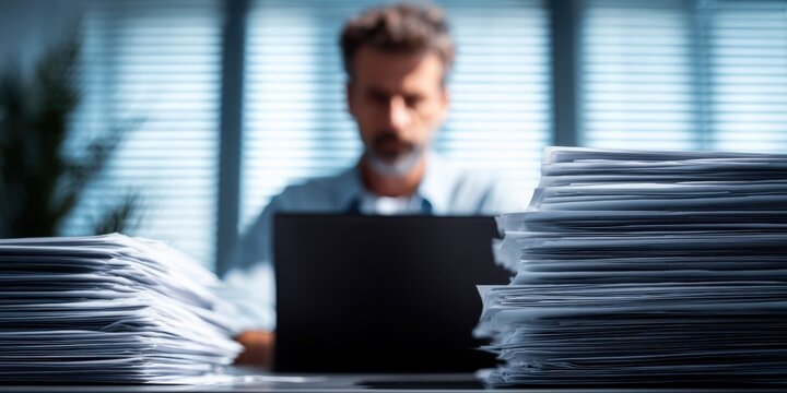Overworked businessman with piles of documents using laptop at office workspace, focusing on managing workload and deadlines