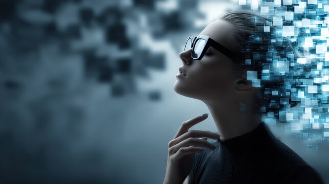 Conceptual Woman with Dispersing Pixels: Data, Transformation, and Digital Identity Exploration in a Modern Context