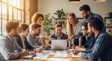 A diverse group of business professionals gathered around a laptop, collaborating on documents during a meeting.