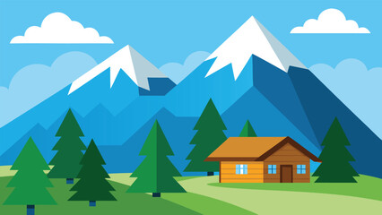 Tranquil mountain retreat wooden chalets evergreen trees snow capped peaks sunny day