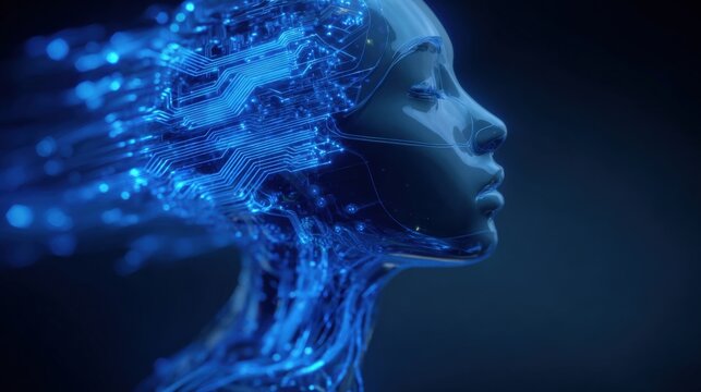 Abstract Artificial Intelligence Female Figure with Glowing Data Streams and Futuristic Circuitry - Powered by Adobe