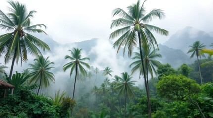 Obraz premium Misty Tropical Paradise Palm Trees and Mountains in Watercolor