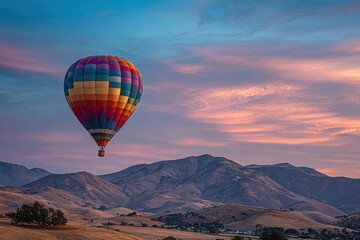 Fototapeta premium A colorful hot air balloon floats above rolling hills during sunset. The sky is painted with shades of pink and blue, creating a serene atmosphere.