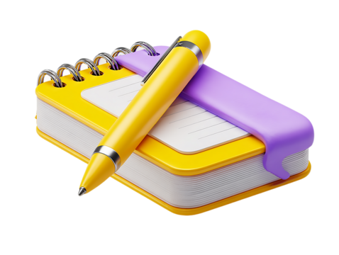 A yellow pen rests on a notebook with a purple bookmark on a isolated on transparent background