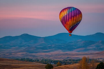 Fototapeta premium A colorful hot air balloon floats above rolling hills during sunset. The sky is painted in shades of pink and purple, creating a serene landscape.