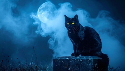 A black cat with glowing yellow eyes sitting on a gravestone mist swirling against a midnight blue background