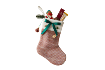 A charming Christmas stocking filled with delightful treats and festive decorations, perfect for adding a touch of holiday cheer to your celebrations. Isolated on transparent background, cutout