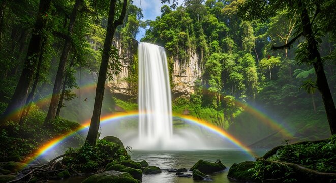 Majestic Waterfall with Double Rainbow in Lush Rainforest