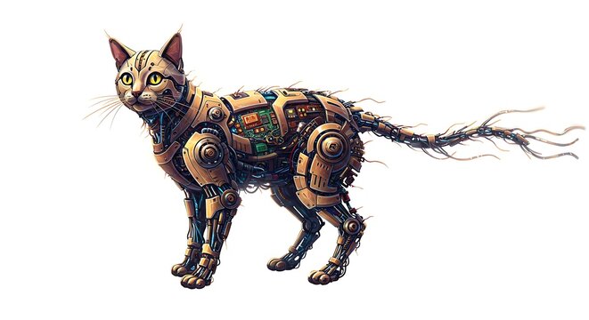 A steampunk robotic cat with yellow eyes standing on a white background in a side view pose
