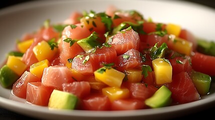 Fresh Tuna Poke Bowl with Mango with Avocado, and and Cilantro Healthy Seafood.