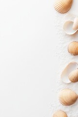 Obraz premium Seashells arrangement. Open shells lying near each other. Fine sand decorates around the objects on a white background. Clean, bright scene.