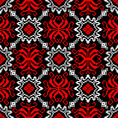seamless floral pattern
A seamless pixel-art pattern inspired by traditional folk embroidery, featuring symmetrical cross-like motifs, arrow extensions, and nested diamond shapes in bold red