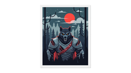 Night Watch: A captivating illustration of a wolf in a majestic setting. The moon casts a serene glow over the forested expanse.