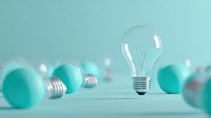 Creative Idea Conceptual Still Life: Clear Lightbulb Surrounded by Blue Lightbulbs on Teal Background