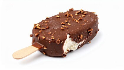 Fototapeta premium Close-up of a chocolate ice cream bar with nuts, featuring a bite taken out, isolated on a white background.