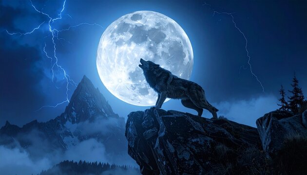 A werewolf howling at the moon on a cliff electric blue background with lightning

