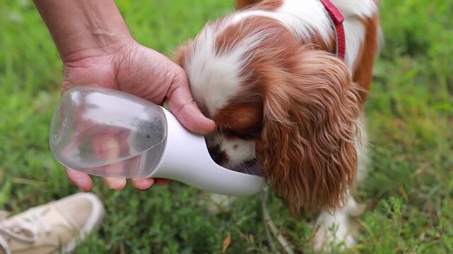 A dog owner quenches his pet's thirst with clean water from a water bottle during a walk in the park on a sunny day. Concept: active lifestyle, dog health.