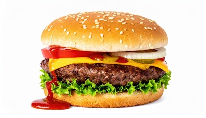 Mouthwatering cheeseburger with fresh toppings and a sesame seed bun, perfect for fast food and culinary themes.