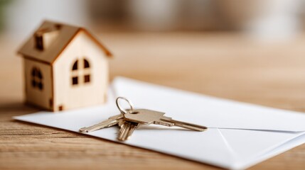 House Keys on Envelope with Miniature House Model: Real Estate, Mortgage, and Homeownership Concept