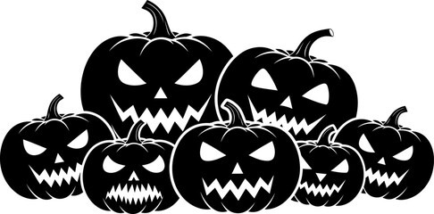 A creepy cluster of black jack-o'-lantern silhouettes with sinister grins, an isolated vector graphic for Halloween celebrations and horror themes