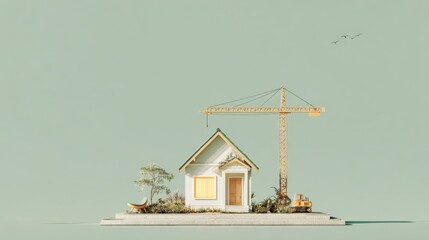 Conceptual Construction Scene with Miniature House, Crane, and Landscaping Against a Light Green Background