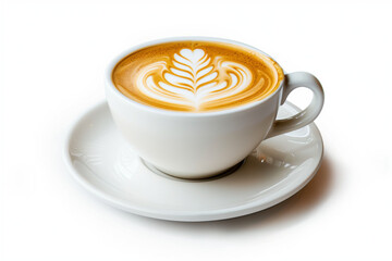 Close up shot of hot latte coffee with latte art in a ceramic white cup and saucer on white background with clipping path isolated on white background