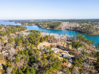 Obraz premium Aerial landscape Clarks Hill Lake in winter after Hurricane Helene in Appling Augusta Georgia