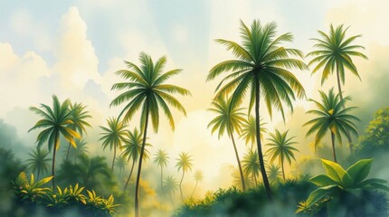 Fototapeta premium Watercolor Tropical Paradise Palm Trees, Lush Foliage, Dramatic Lighting