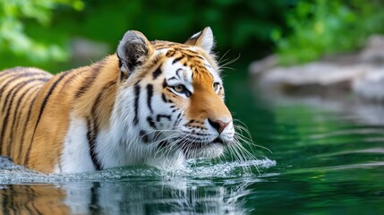 Obraz premium Majestic tiger wading through serene green water, showcasing its powerful presence in the wild.