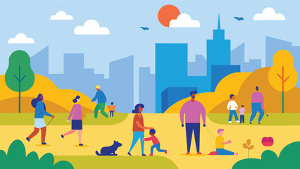 Fototapeta premium Vibrant city park illustration people enjoying outdoor activities scalable vector eps