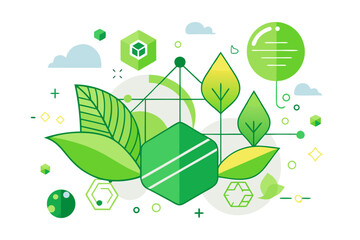 Fototapeta premium Fresh green design with geometric shapes and leaves for modern eco-friendly business branding