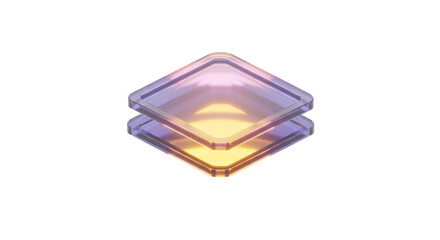 Two translucent, layered diamond shapes with a gradient of warm and cool colors, suggesting data, technology, or abstract digital concepts.